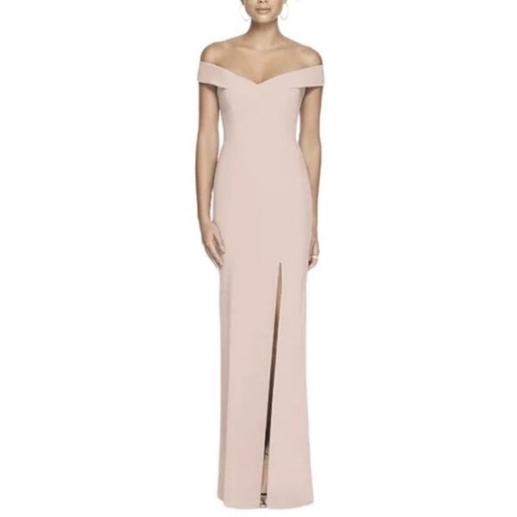 Dessy Off-The-Shoulder Criss Cross Back Trumpet Bridesmaid Gown in Blush Pink - Picture 2 of 9